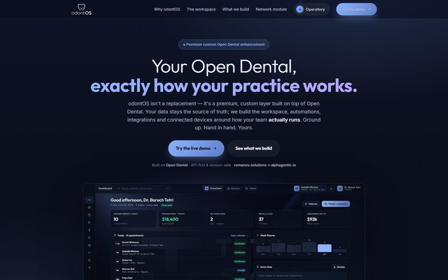 odontOS — dark practice dashboard over Open Dental