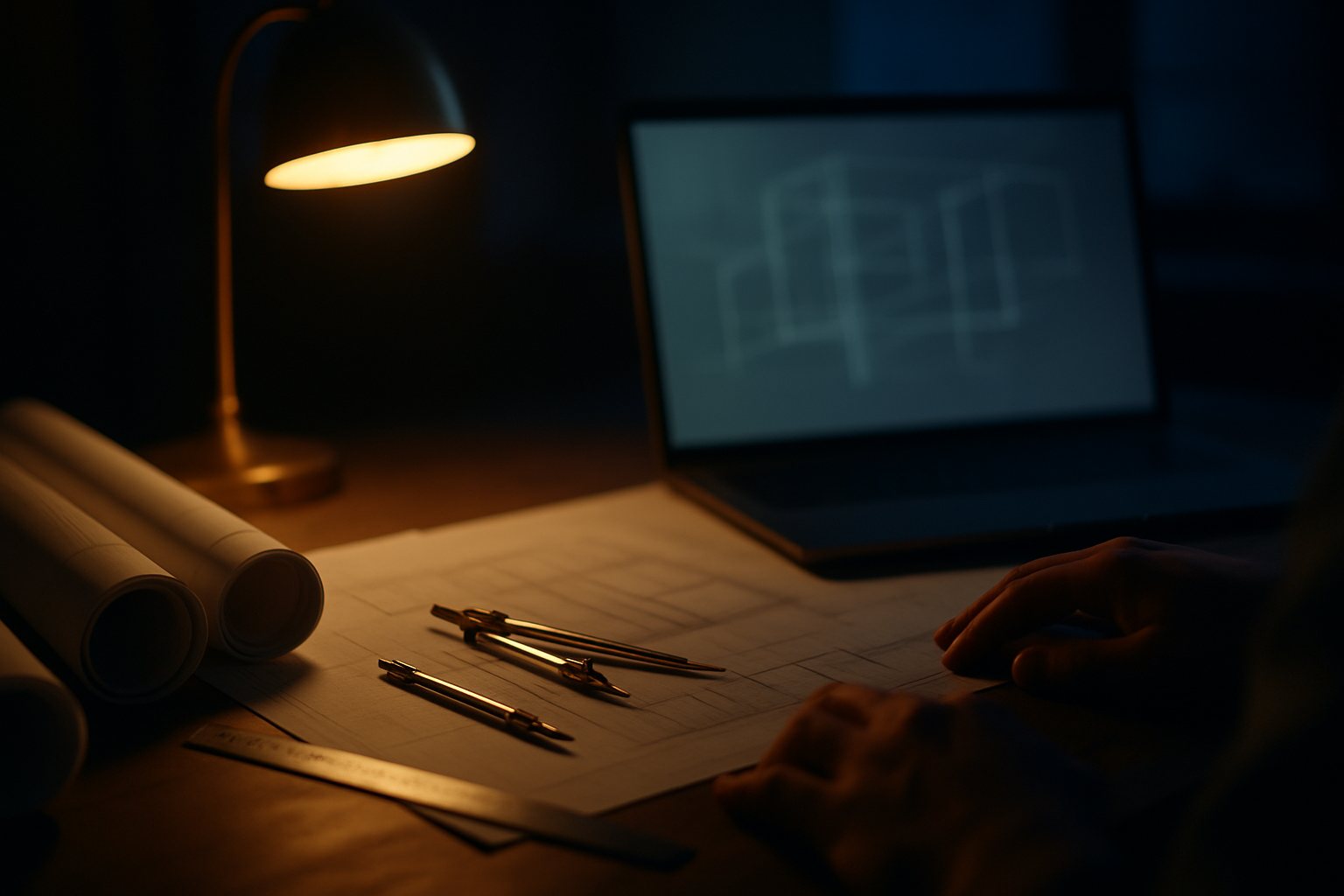 An architect's desk at night — blueprints, drafting tools, a glowing screen of wireframes