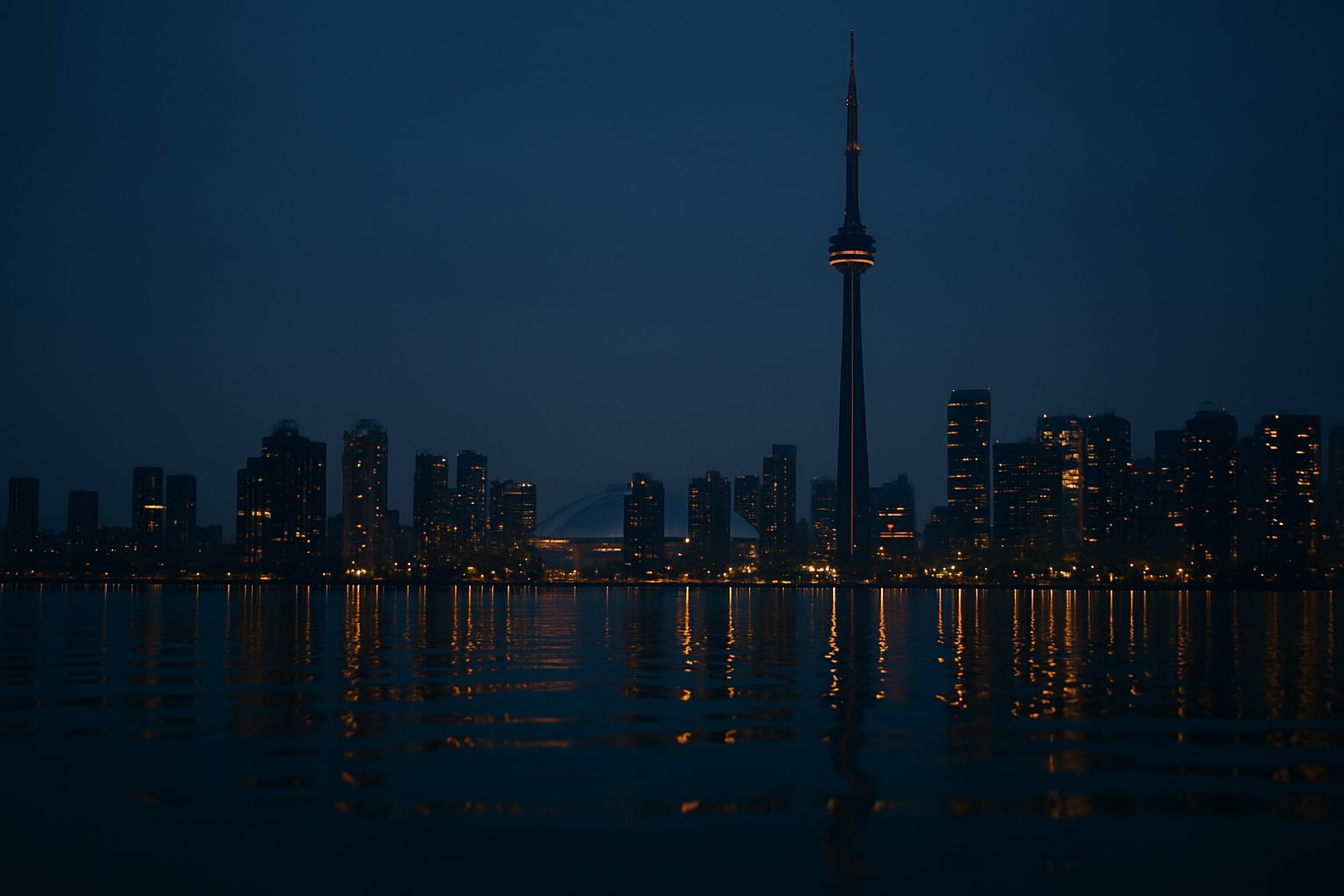 The Toronto skyline and CN Tower at dusk across the water