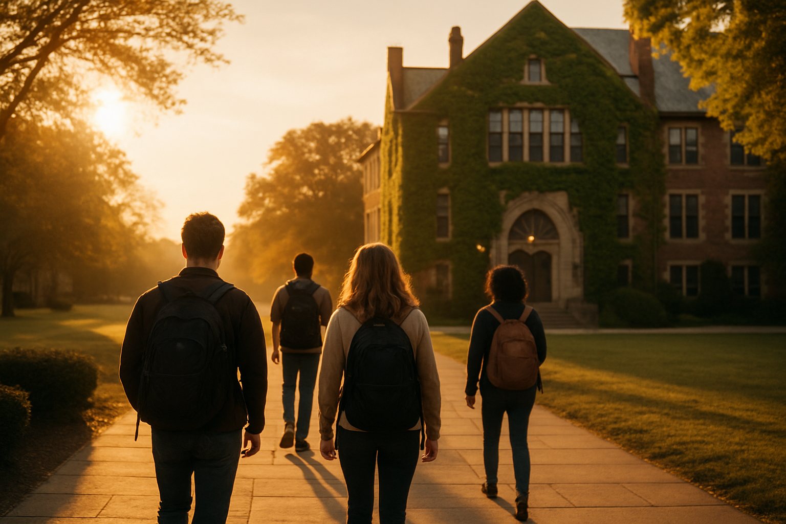 Students walking toward an ivy-covered campus hall at golden hour